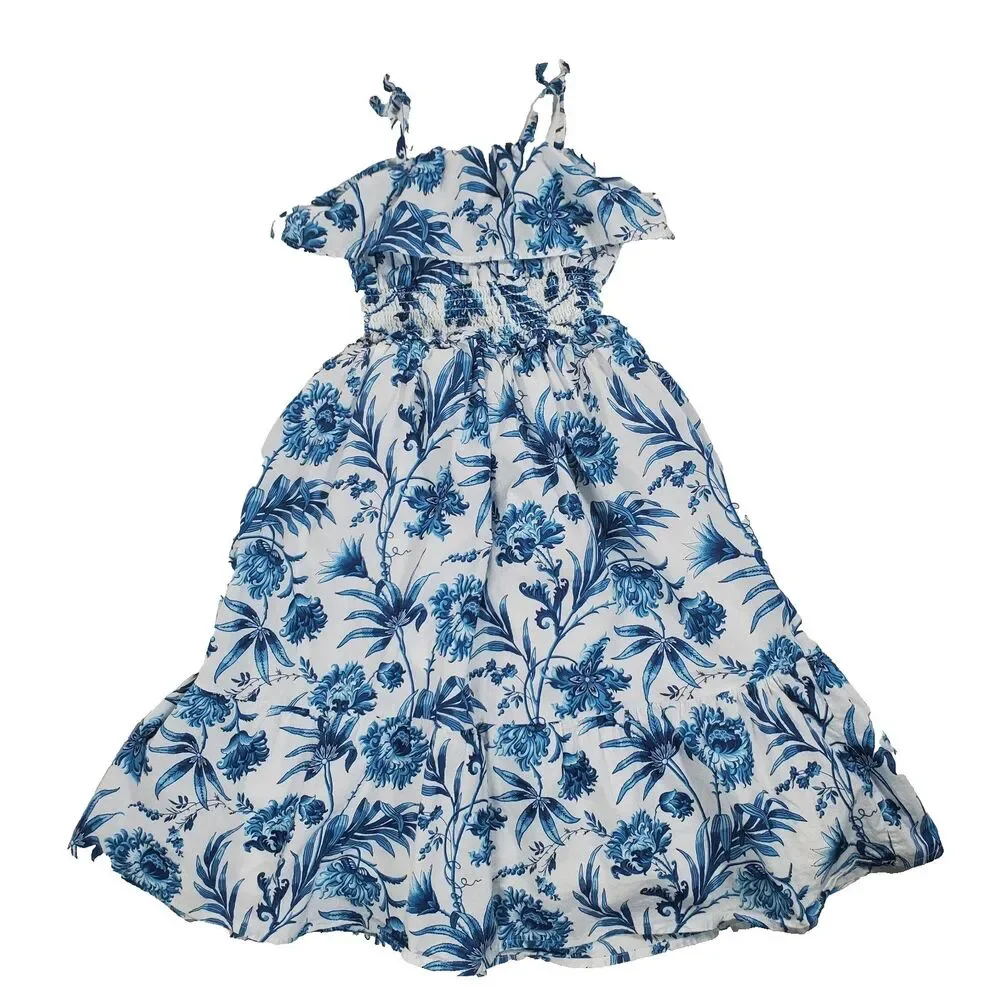 Janie and Jack Girls Dress Size 7 Blue Floral Midi Sundress Smocked Waist Cotton - Picture 6 of 11